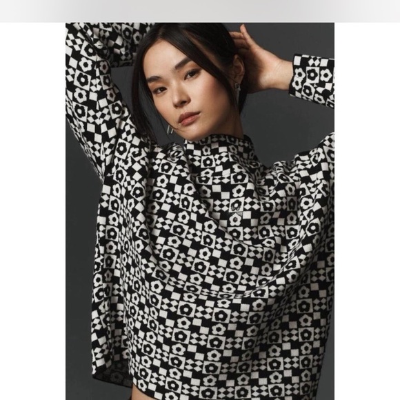 Anthropologie Maeve Carys Mock Neck Black & White Checkered Sweater - Picture 1 of 4